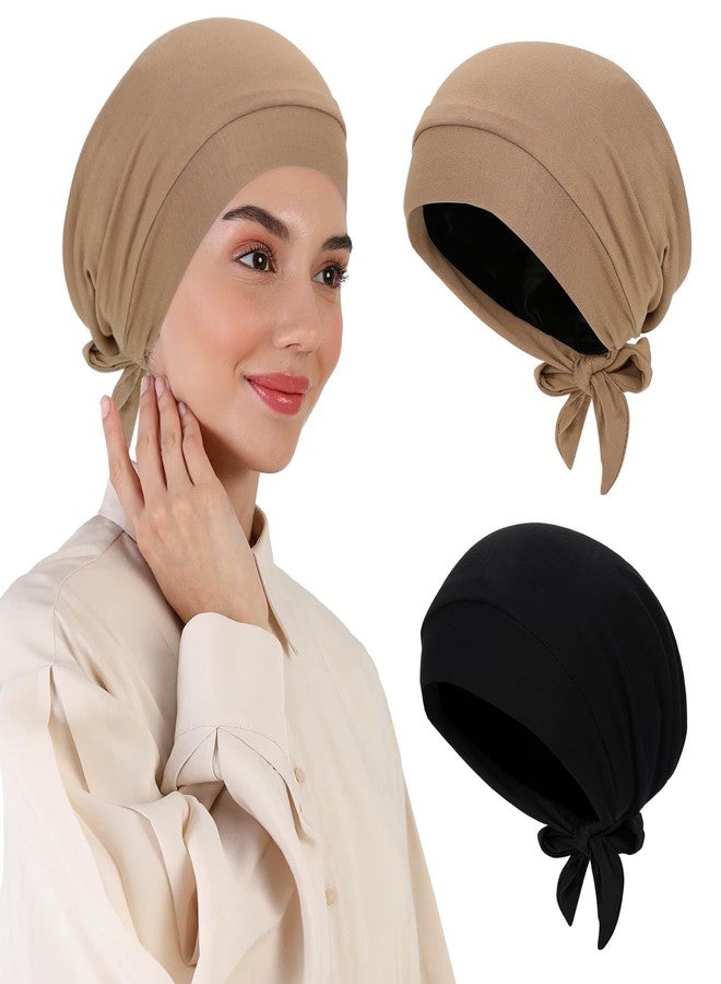 XEPST 2 PCS Hijab Undercap for Women, Islamic Muslim Under Hijab Cap Satin Lined Undercap Tie Back Bonnet Inner Head Scarf Head Wraps Hair Turbans for Women Chemo Headwear Sleep Cap, Black+Khaki - Image 1